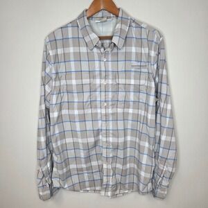 ExOfficio Mens Insect Shield Plaid Long Sleeve Button Down Shirt Tan Blue Size M